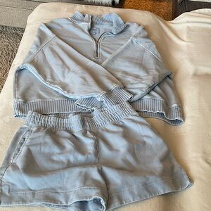 aerie Light Blue Half-Zip Sweatshirt(XL) & Shorts(L) Set